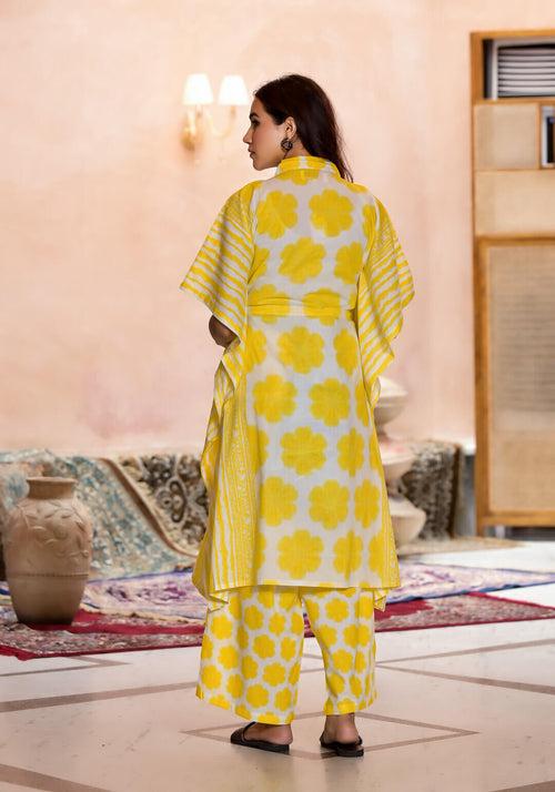 Yellow Cotton Printed Maternity Feeding Kaftan Co-Ord Set