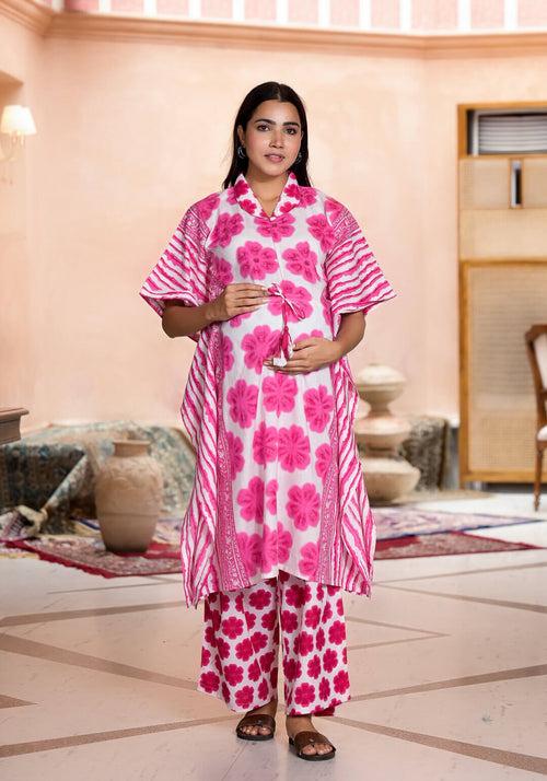 Pink Cotton Printed Maternity Feeding Kaftan Co-Ord Set