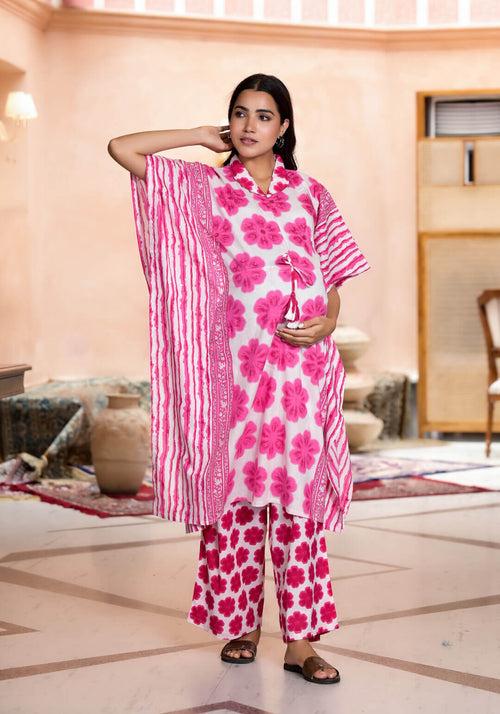 Pink Cotton Printed Maternity Feeding Kaftan Co-Ord Set