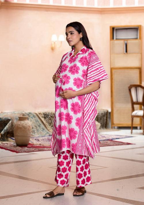 Pink Cotton Printed Maternity Feeding Kaftan Co-Ord Set