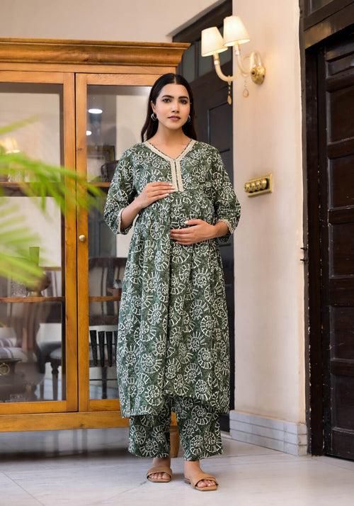 Dark Green Cotton Printed Maternity Feeding Flared Kurta Set