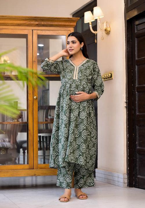 Dark Green Cotton Printed Maternity Feeding Flared Kurta Set