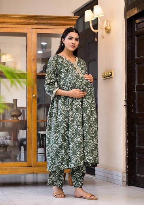 Dark Green Cotton Printed Maternity Feeding Flared Kurta Set