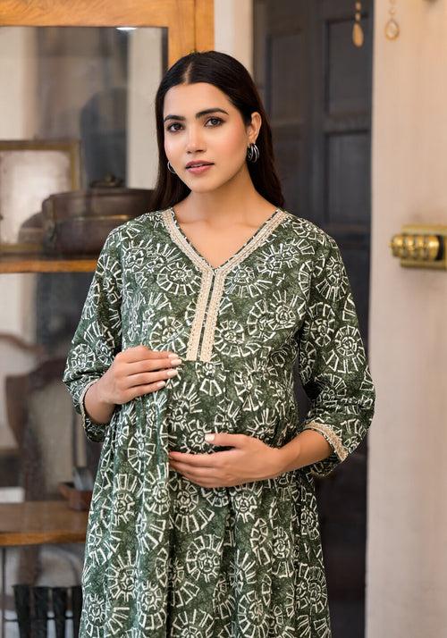 Dark Green Cotton Printed Maternity Feeding Flared Kurta Set