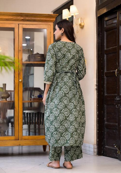 Dark Green Cotton Printed Maternity Feeding Flared Kurta Set