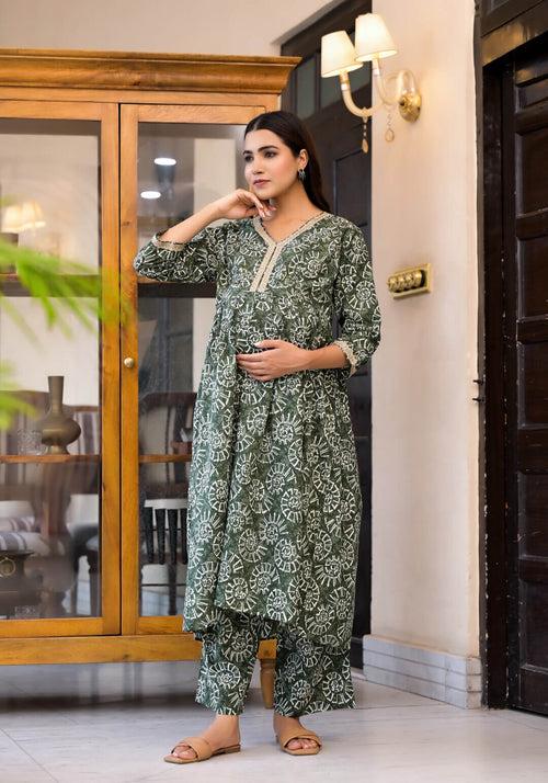 Dark Green Cotton Printed Maternity Feeding Flared Kurta Set