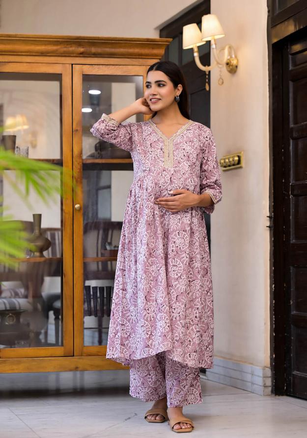 Onion Pink Cotton Printed Maternity Feeding Flared Kurta Set