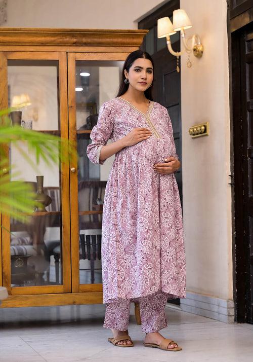 Onion Pink Cotton Printed Maternity Feeding Flared Kurta Set