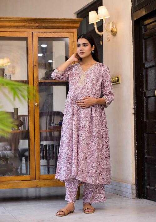 Onion Pink Cotton Printed Maternity Feeding Flared Kurta Set