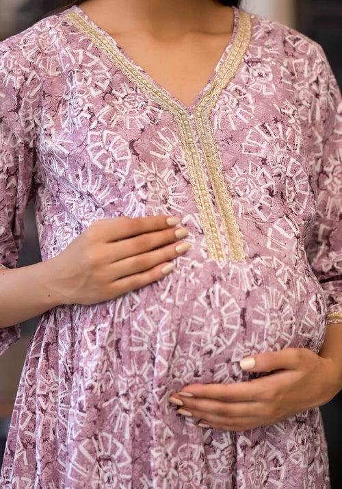 Onion Pink Cotton Printed Maternity Feeding Flared Kurta Set