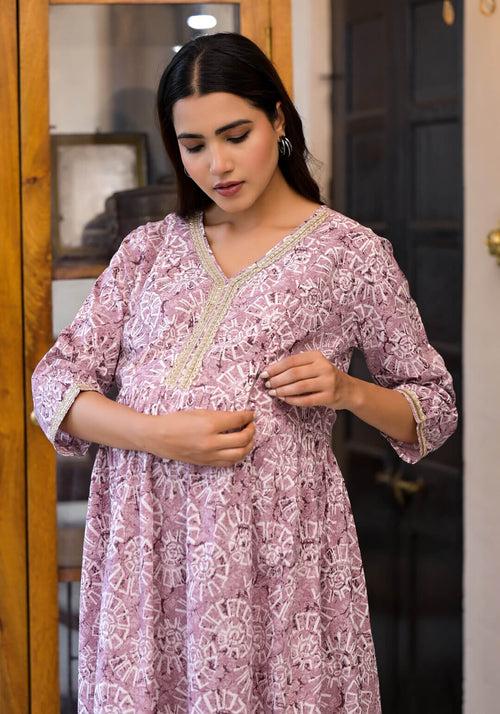 Onion Pink Cotton Printed Maternity Feeding Flared Kurta Set