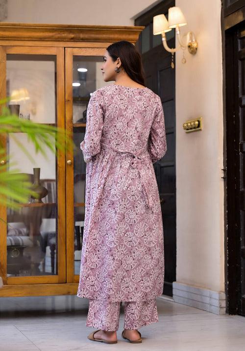 Onion Pink Cotton Printed Maternity Feeding Flared Kurta Set