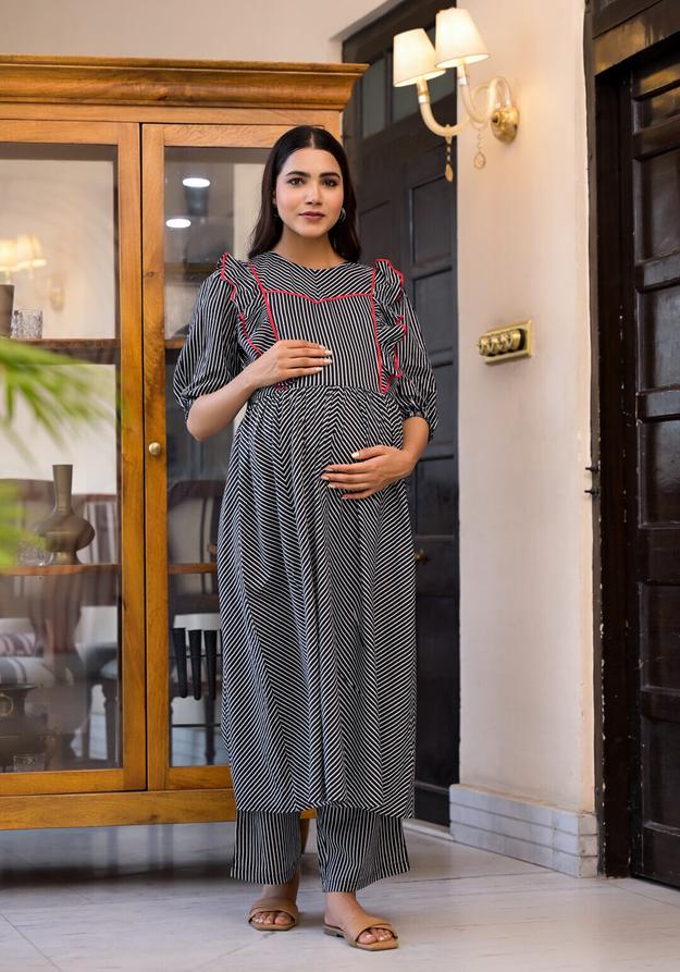 Black Cotton Printed Maternity Feeding Flared Kurta Set