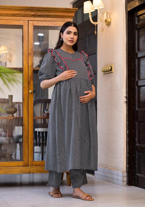 Black Cotton Printed Maternity Feeding Flared Kurta Set