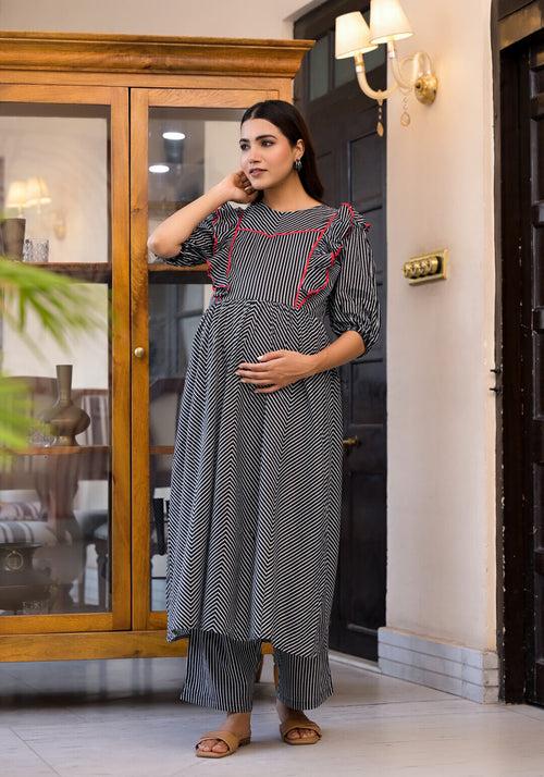 Black Cotton Printed Maternity Feeding Flared Kurta Set