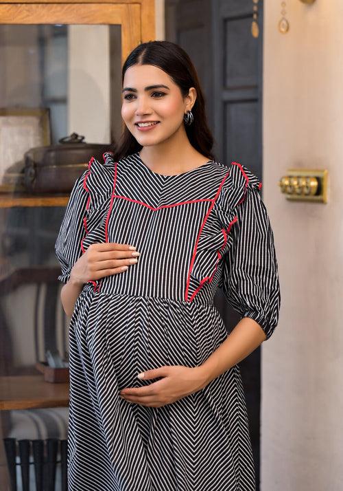 Black Cotton Printed Maternity Feeding Flared Kurta Set