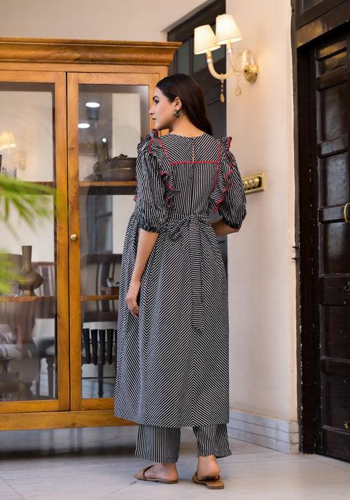 Black Cotton Printed Maternity Feeding Flared Kurta Set