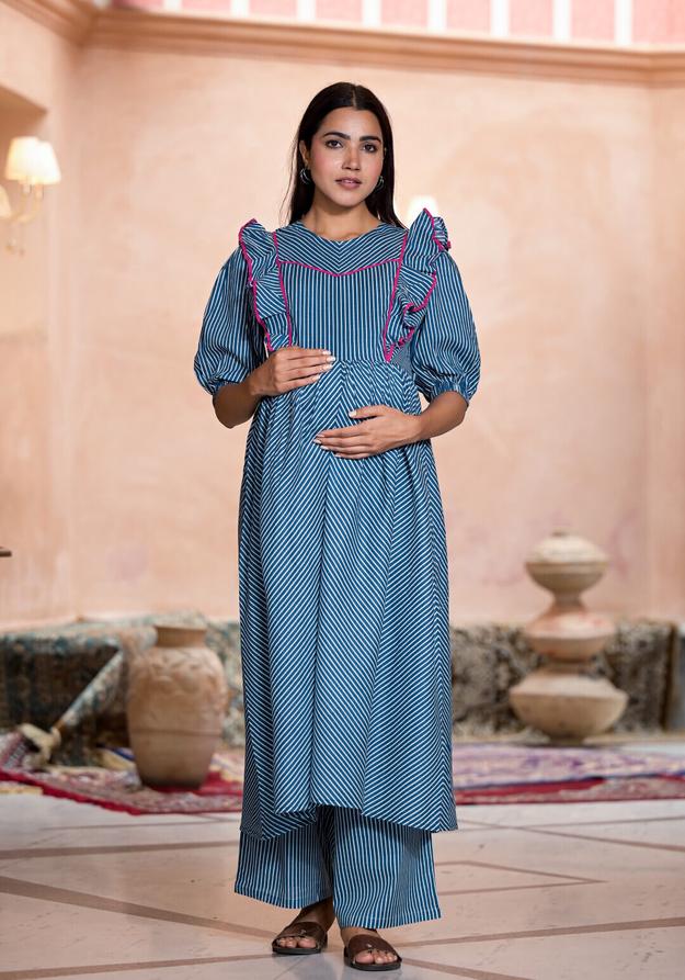 Indigo Cotton Printed Maternity Feeding Flared Kurta Set