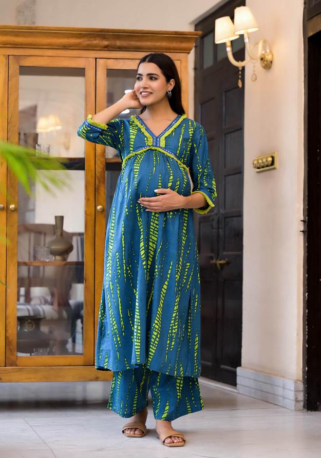 Blue Green Cotton Printed Maternity Feeding Flared Kurta Set