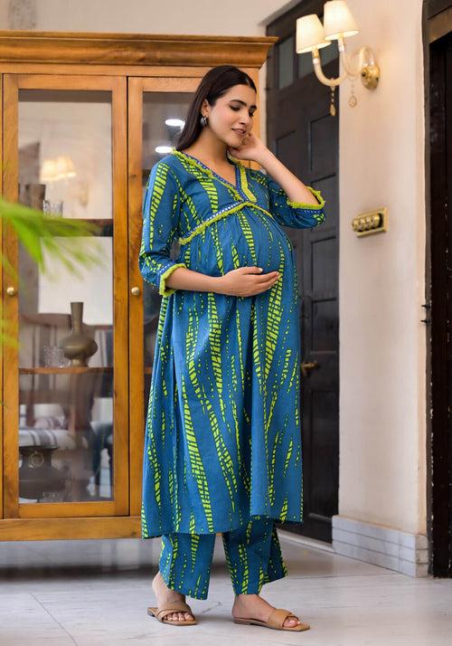 Blue Green Cotton Printed Maternity Feeding Flared Kurta Set