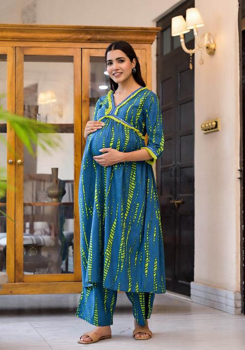 Blue Green Cotton Printed Maternity Feeding Flared Kurta Set