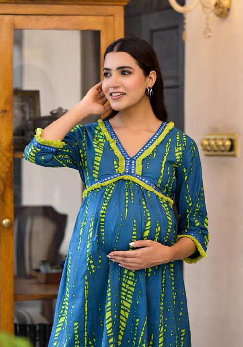 Blue Green Cotton Printed Maternity Feeding Flared Kurta Set