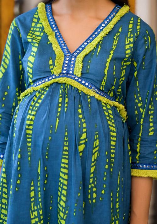 Blue Green Cotton Printed Maternity Feeding Flared Kurta Set