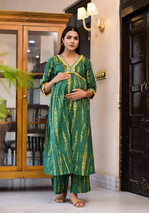 Bottle Green Yellow Cotton Printed Maternity Feeding Flared Kurta Set