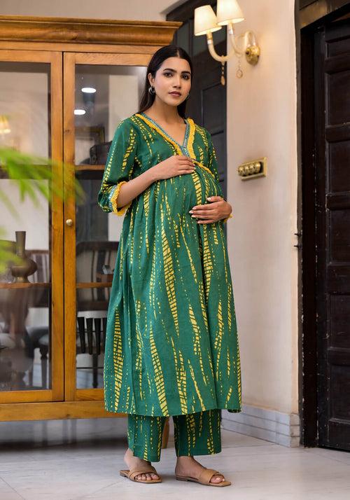 Bottle Green Yellow Cotton Printed Maternity Feeding Flared Kurta Set