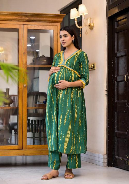 Bottle Green Yellow Cotton Printed Maternity Feeding Flared Kurta Set