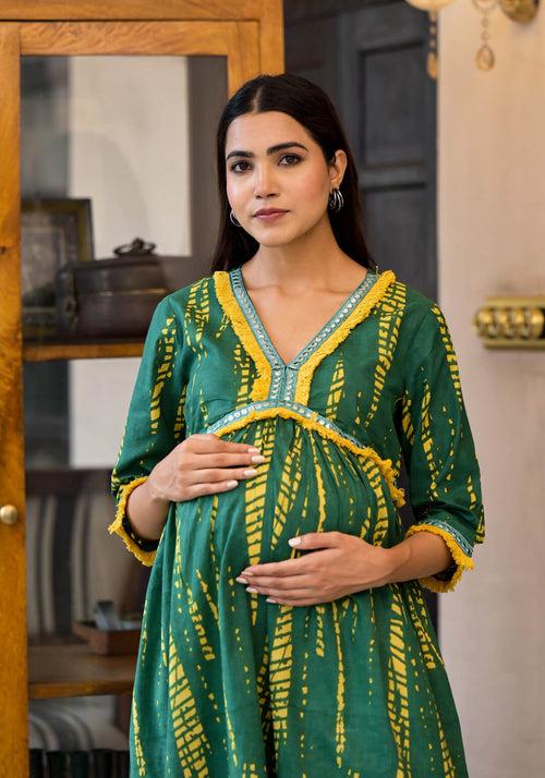 Bottle Green Yellow Cotton Printed Maternity Feeding Flared Kurta Set