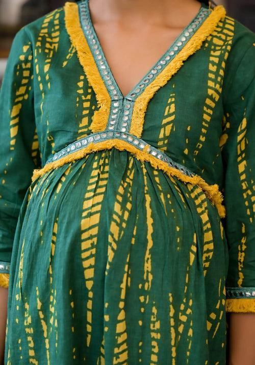 Bottle Green Yellow Cotton Printed Maternity Feeding Flared Kurta Set