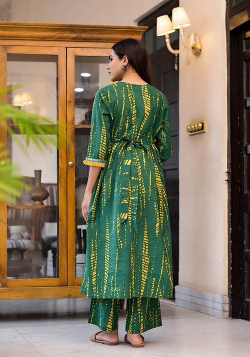 Bottle Green Yellow Cotton Printed Maternity Feeding Flared Kurta Set