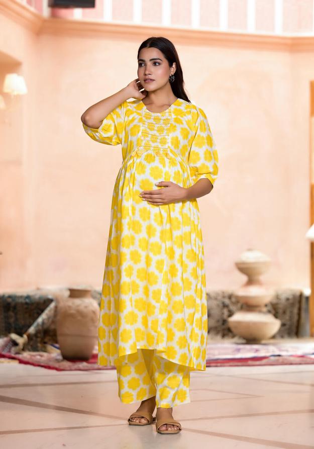 Yellow Cotton Printed Maternity Feeding Flared Kurta Set