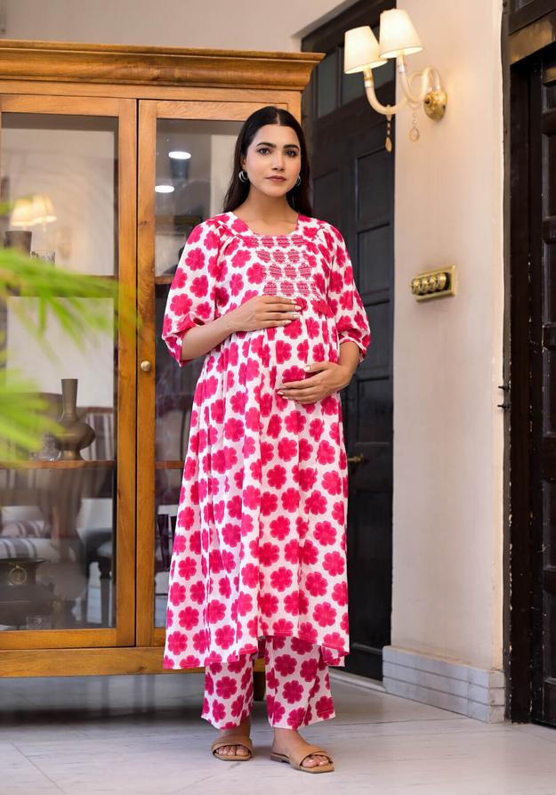 Fuchsia Cotton Printed Maternity Feeding Flared Kurta Set