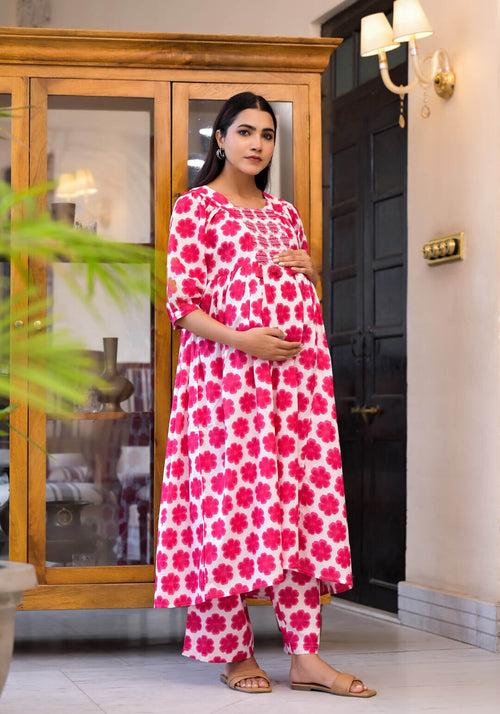 Fuchsia Cotton Printed Maternity Feeding Flared Kurta Set