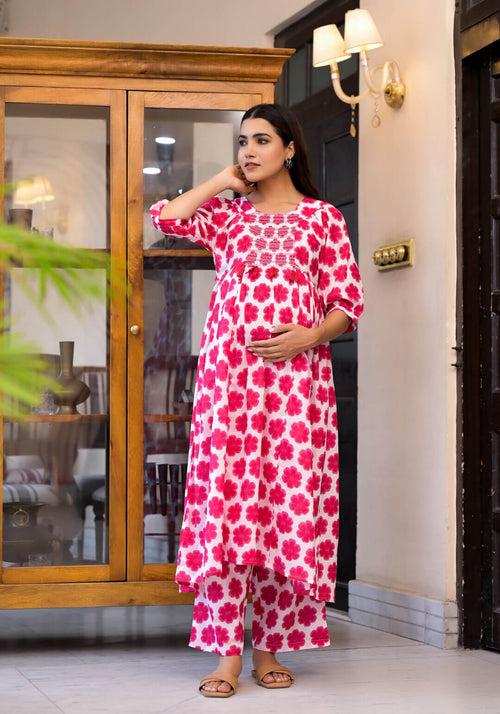 Fuchsia Cotton Printed Maternity Feeding Flared Kurta Set