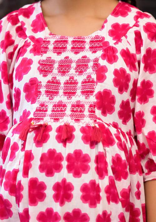 Fuchsia Cotton Printed Maternity Feeding Flared Kurta Set