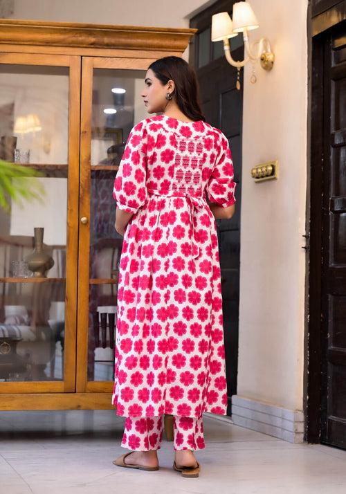 Fuchsia Cotton Printed Maternity Feeding Flared Kurta Set