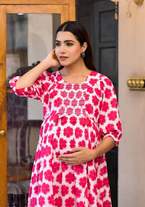 Fuchsia Cotton Printed Maternity Feeding Flared Kurta Set