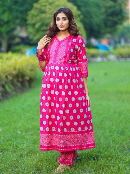 Fuchsia Cotton Printed Maternity Feeding Flared Kurta Set