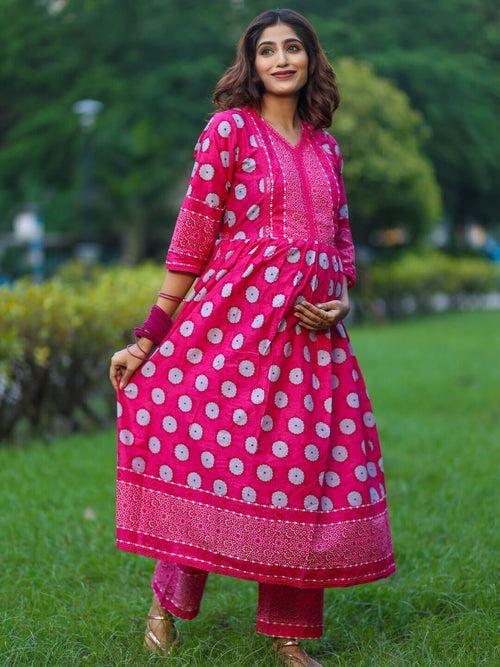 Fuchsia Cotton Printed Maternity Feeding Flared Kurta Set