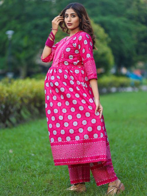 Fuchsia Cotton Printed Maternity Feeding Flared Kurta Set