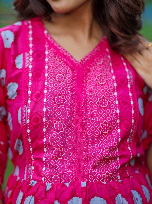 Fuchsia Cotton Printed Maternity Feeding Flared Kurta Set