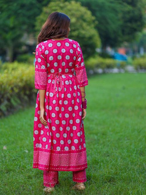 Fuchsia Cotton Printed Maternity Feeding Flared Kurta Set