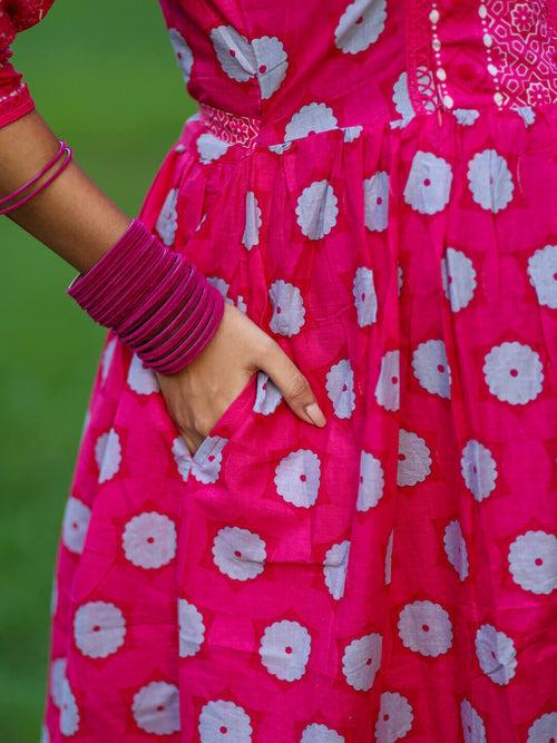 Fuchsia Cotton Printed Maternity Feeding Flared Kurta Set