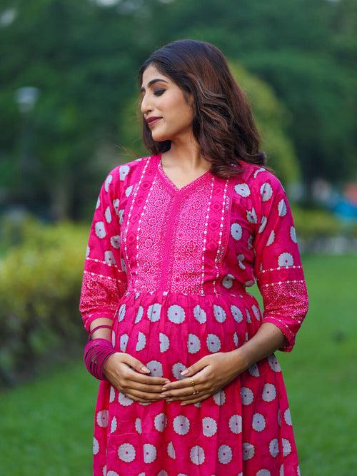 Fuchsia Cotton Printed Maternity Feeding Flared Kurta Set