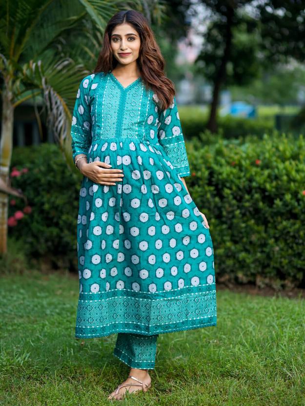 Teal Green Cotton Printed Maternity Feeding Flared Kurta Set