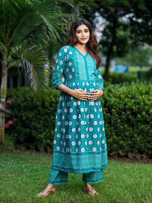 Teal Green Cotton Printed Maternity Feeding Flared Kurta Set