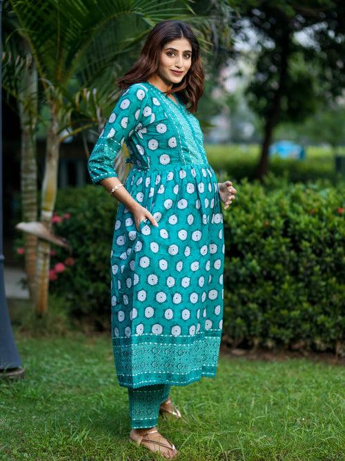 Teal Green Cotton Printed Maternity Feeding Flared Kurta Set